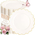 LIYH 100 Pcs Ivory Dessert Plates with Gold Rim- Ivory Plastic Plates 7.5" Disposable Scalloped Fancy Gold Plastic Plate,Baby Shower Cake Plate Party Suitable for Valentine's Day or Mother's Day