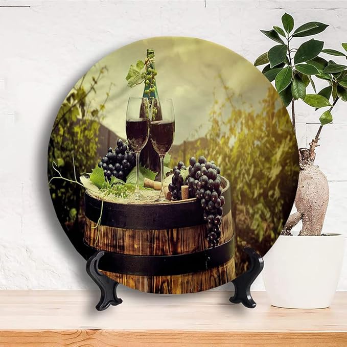 Ceramic Display Plate, Wine Ceramic Hanging Decorative Plate, Scenic Tuscany Vineyard, 7 Inch, Household Custom Ceramic Plate, Green Black Brown