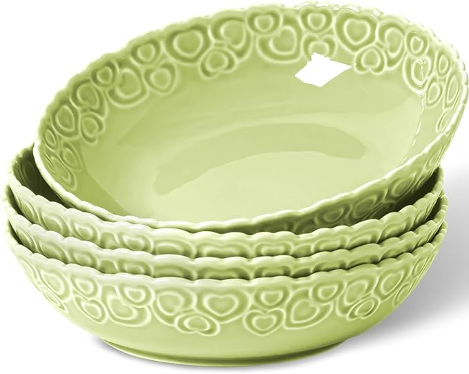 HOMBENE Heartbeat Pasta Bowls Set of 4, 28oz Salad Bowls Soup Bowl for Kitchen, Porcelain Wide and Shallow, Noodle, Soup, Pasta,Dinner, Microwave & Dishwasher Safe (Mint Glow Green)