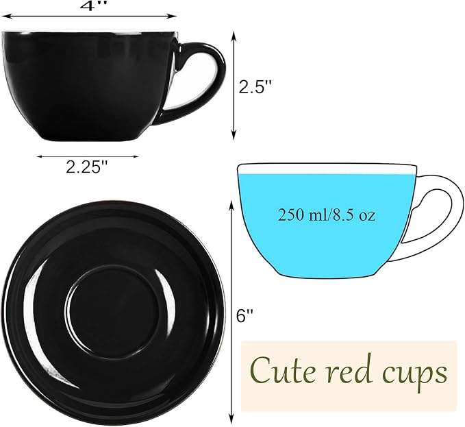 Yesland 2 Pack 8.5 oz Ceramic Coffee Cup and Saucer, Glossy Black Cappuccino - Image 2