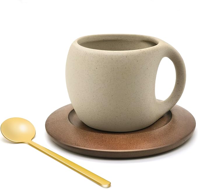 Ceramic Coffee Mug Set with Natural Wood Saucer & Spoon by Oxmidud