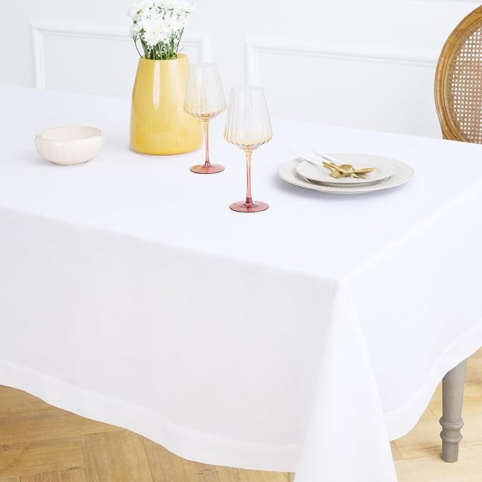 Solino Home White Tablecloth 60 x 108 Inch - 100% Pure Linen Rectangular Tablecloth - Machine Washable Table Cloth for Winter, Valentines, Spring, Easter - Fete