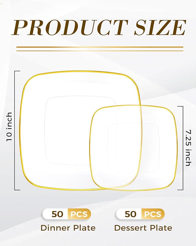 bUCLA 100PCS Clear and Gold Plastic Plates Disposable - Square Gold Heavy Duty - Include 50 Each (Dinner & Dessert) Plates for Party & Thanksgiving