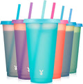 Meoky Plastic Cups with Lids and Straws Bulk - 6 Pack 24 oz Color Changing Reusable Cups with Lids and Straws for Adults Kid Women Party, Cute Cold Tumblers for Iced Coffee