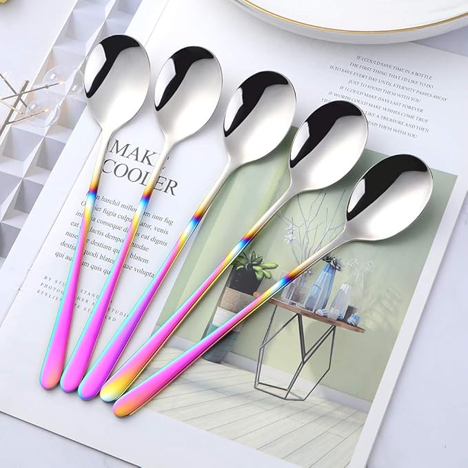 5-pieces Soup Dinner Spoon 8-Inch Rainbow Metal Korean Spoon Stainless Steel Table Spoons by Buyer Star