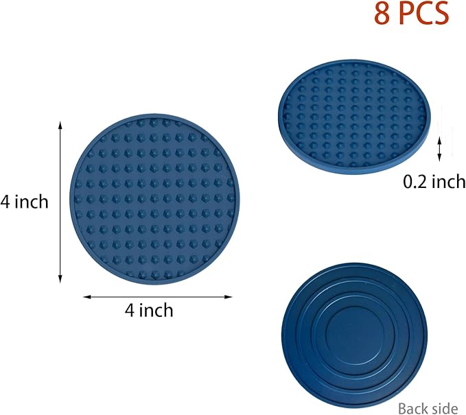 Set of 8 Silicone Coasters, 4'' Drink Coaster with Holder, Round Coasters for Drinks Beer Coffee Home Office Bar Desk Tabletop Protection, Non-Slip Rubber Coaster (Navy Blue, 8 Pcs-Metal Holder)