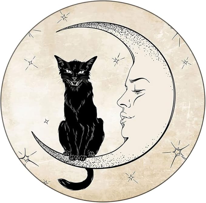 Round Vinyl Fitted Tablecloth, Moon Print Polyester Table Cloth, Black Cat Sitting on White Crescent Moon, Fit Round Tables 35inch Diameter, for Dinner Kitchen Party Decoration, Sand Brown Black