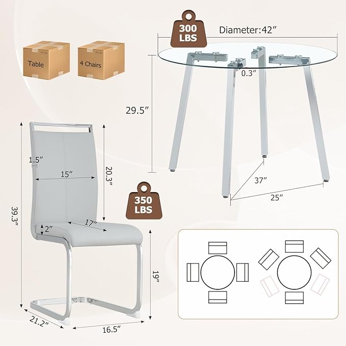 42" Round Glass Dining Table Set for 4,Modern Breakfast Table Set for 4 with Silver Chrome Legs,Space Saving Kitchen Table and Light Grey Chairs for Apartment,Easy Assembly