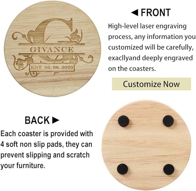 Personalized Wooden Coasters, Custom Engraved Monogram Coasters - Set of 6 (XL)