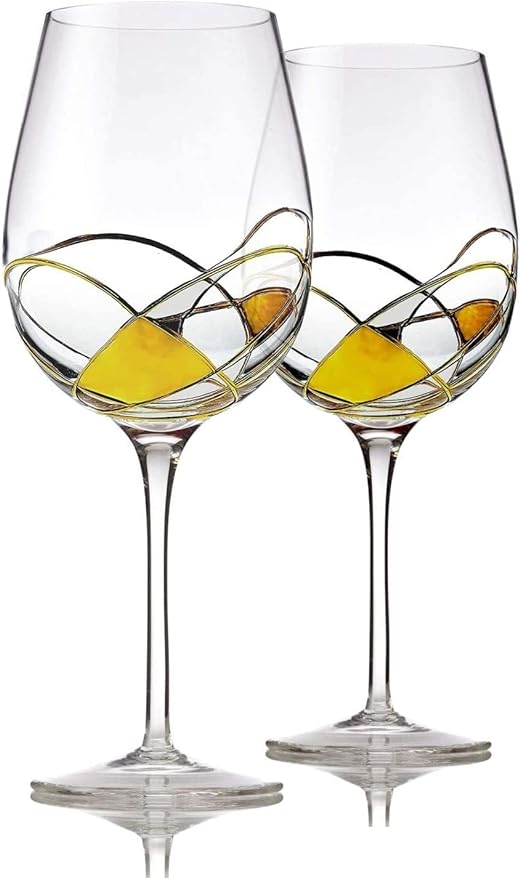 Bezrat Wine Glasses Hand Painted - Set of 2 - Women Wine Gift - Wine Lover Glass - Beautiful Glassware Gifts Ideas for Women Inspired by 'Duomo di Milano' Mothers Day - 14 oz (Gold)