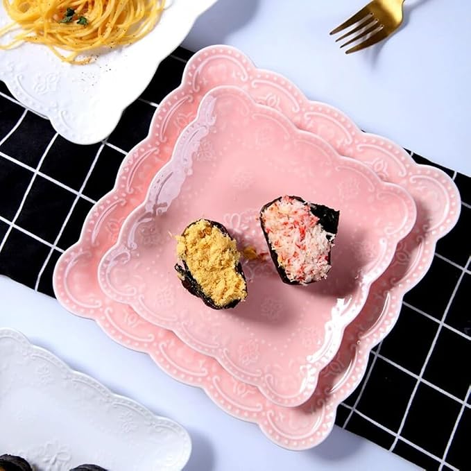 YBKTEX Ceramic Plate, Square Embossed Lace Plate - Image 4