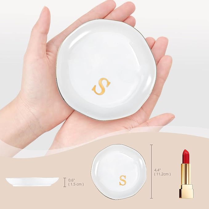 ProCase Ceramic Jewelry Tray, Initial Ring Dish Trinket Plate Engagement Gift, Small Personalized Monogram Ring Bowl for Wedding, White Decorative Jewelry Holder for Women Vanity -Letter S