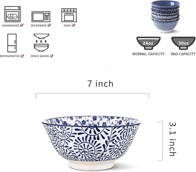 Selamica 7 inches Porcelain Cereal Bowl Set - Set of 6, Soup Bowls, Ceramic bowls for Cereal, Soup, Salad and Pasta, Vintage Blue