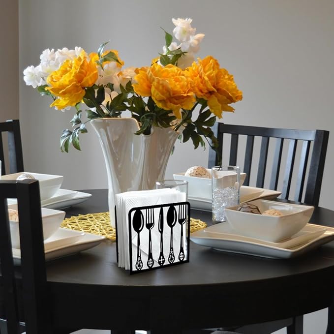 Tableware Decorative Black Metal Napkin Holder for Table, 4.9" x 4.9" x 1.9" Standing Napkin Holder for Home Kitchen Restaurant Picnic Party Coffee Bar Dining Room