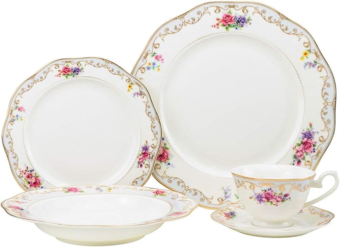 EURO Porcelain 20-pc. Dinner Set Service for 4, 24K Gold-plated Luxury Bone China Tableware ("Romantic Bloom" 6417-20)