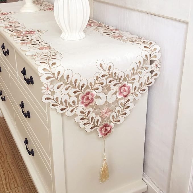 Classic Flowers Dining Table Runner Embroidery Tassel Floral Lace Table Runners by Arzoe