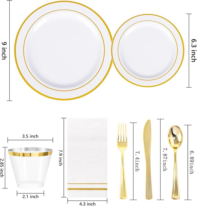 GATHER 350PCS Gold Plastic Plates - White and Gold Disposable Plastic Dinnerware Set Include 50 Dinner Plates, 50 Dessert Plate, 150 Silverware, 50 Napkins, 50 Cups for Party & Wedding
