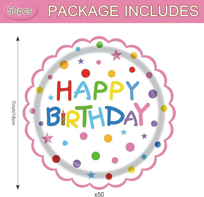 50Pcs Birthday Paper Plates 7inch Party Dessert Plates Supplies Colorful - Image 4