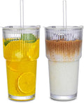 20oz Ribbed Glass Tumbler with Straw & Lid – 2 Pack Iced Coffee Cups, Glass Mug by Unknown