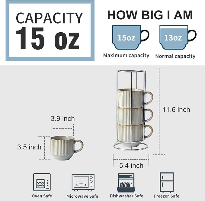 HASENSE Stackable Coffee Mugs, 15 Oz Ceramic Coffee Mugs - Image 2