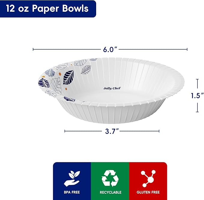 JOLLY CHEF 156 Count Paper Bowls with Leaf Floral Print 12 OZ Disposable Bowls Bulk, Heavy-duty Bowls Perfect for or Parties,Picnics,and Everyday Use