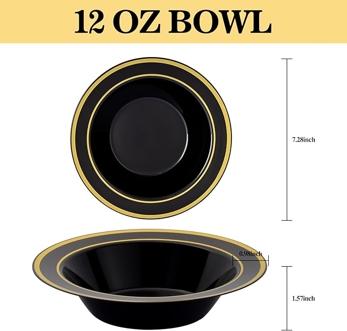 100 Pack Black Disposable Soup Bowls with Gold Rim,12oz Disposable Soup Bowls,Disposable Soup Dessert Salad Bowls for Wedding/Party/Catered Events