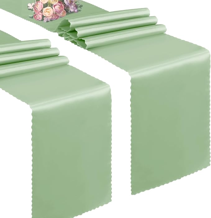 VACVELT Sage Green Satin Table Runners, 12x72 Inch, 2 Pack, Scalloped Edge | by VACVELT