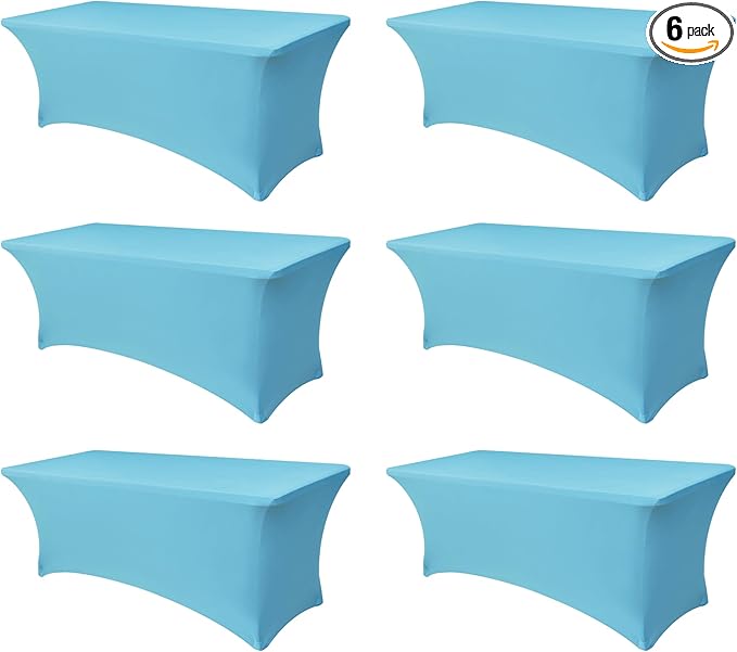Spandex Table Cloths for 8 Foot Rectangle Tables-6 Pack Fitted Stretch Light Blue Table Covers-Folding Tablecloths for Party, Vendor Booth Display, Banquet Buffet Event, Craft Trade Show
