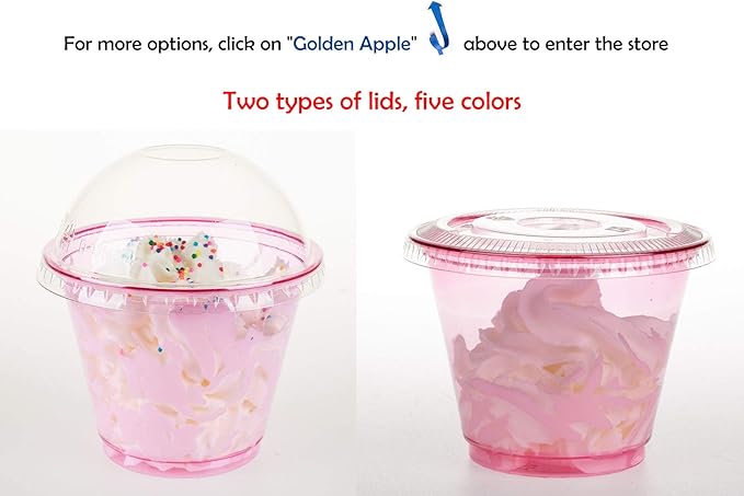 Golden Apple, 9oz-50sets Pink Red Plastic Cups with Clear Flat no Hole lids…