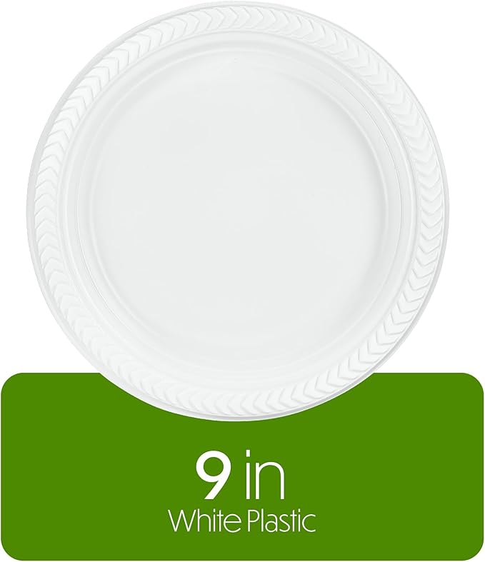 PLASTICPRO 100 PCS White Plastic Round 9 Inch Plastic plates Premium Quality Light Weight Disposable Dishes Dinner Plates for Parties Weddings