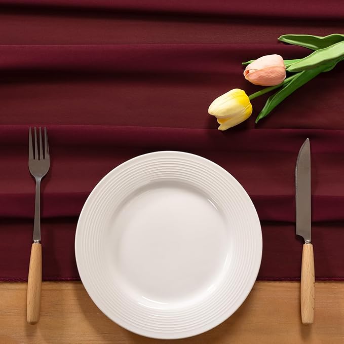 Burgundy Chiffon Table Runner Summer Boho Wedding Birthday Party Decor | 14ft - Image 3
