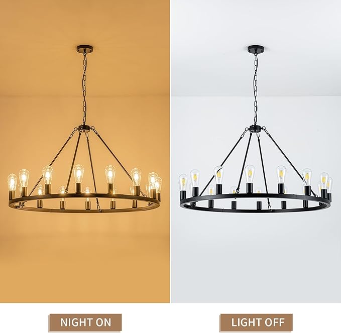 16-Light Black Wagon Wheel Chandelier, 40 inch Farmhouse Chandelier Dining Room, Round Rustic Chandeliers, Vintage Ceiling Hanging Pendant Light Fixture for Kitchen Island Living Room Bedroom Foyer