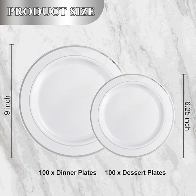 NOCCUR 200PCS Silver Plastic Plates Disposable for 100 Guests - Include 100 Dinner / 100 Dessert Plates Heavy Duty - Ideal for Party/Wedding/New Year