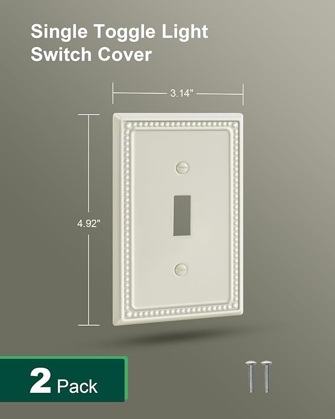 2-Pack Single Toggle Light Switch Cover Plate, Pearls Decorative Switch Plate Covers, Light Almond 1 Gang Metal Wall Plate, Corrosion Resistant