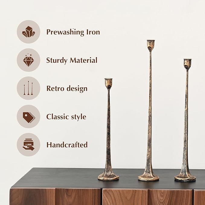 Set of 3 Candle Stick Holders, Iron Antique Gold Candlestick Holders, Fits 3/4 inch Thick Candles, Tapered Candle Holders Tall Set for Dining Table, Wedding, Home Decoration