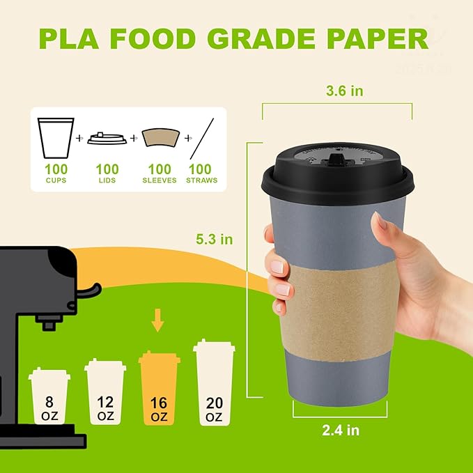 100 Pack 16 oz Disposable Coffee Cups with Lids and Sleeves, To Go Coffee Cups with Lids, Leak-Proof Hot Coffee Cups, PLA Gray Paper Coffee Cups for Hot Beverage