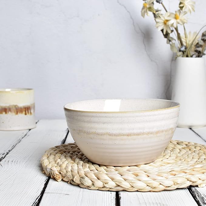 Bosmarlin Ceramic Cereal Bowl Set of 4, 26 Oz, Soup Bowl for Oatmeal, Salad, Dishwasher and Microwave Safe, Reactive Glaze (Beige, 6 in)