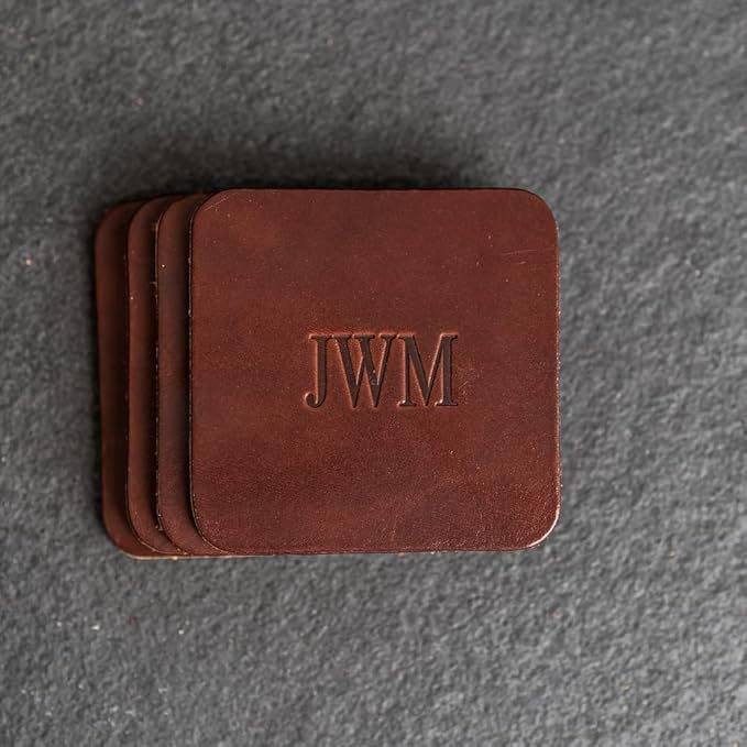 Ox & Pine Personalized Leather Coaster - Sold Individually or in Sets of 4 - Customize Inscription - 100% Full-Grain Leather – 4" Round or 4" Square (Square, Sienna, Set of 4 Coasters)