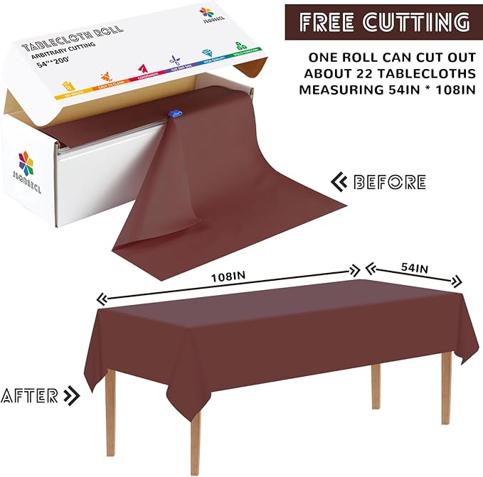 54 Inch X 200 Feet Plastic Table Cover Roll with Convenient Slide Cutter, Disposable Plastic Table Cloth Roll with Cut-to-Size Design for Weddings, Banquets, Parties (Brown)