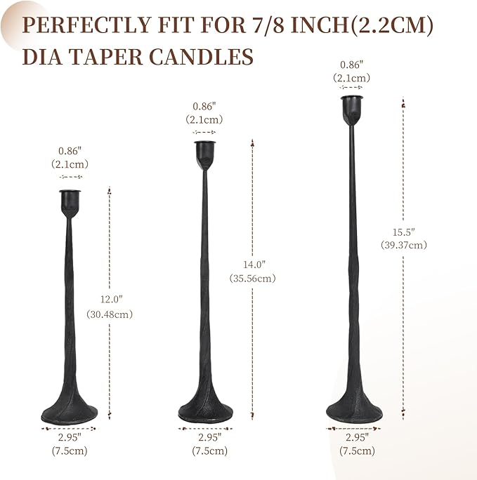 Set of 3 Candle Stick Holders, Iron Black Candlestick Holders, Fits 3/4 inch Fits 3/4 inch Thick Candles, Tapered Candle Holders Tall Set for Dining Table, Wedding, Home Decoration