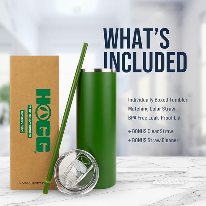Hogg 20 oz Skinny Case (24 Units) - Hunter Green, Powder Coated Tumblers for Laser Engraving, Engravable Tumblers Bulk, Stainless Steel Cups Bulk, Insulated Cups with Lids and Straws