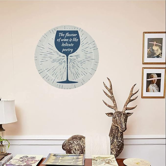 Decorative Plates, Wine Print Ornament, Wine Glass and Vintage Sun Burst Frame, 7 Inch, Kitchen Wall Decor, Night Blue White
