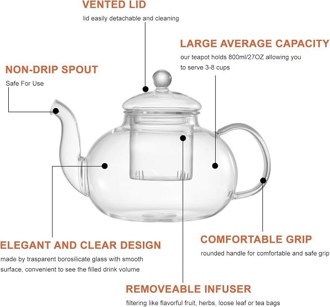Glass Teapot Set, 27OZ/800ML Stovetop Safe Glass Tea Kettle - Image 7