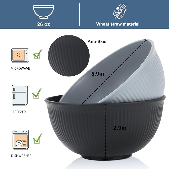 Plastic Bowls Microwave Safe, Wheat Straw Bowls Set, 26 OZ | Unbreakable Cereal - Image 2