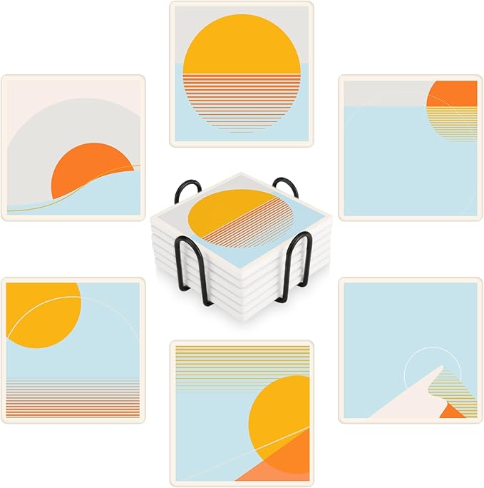 MAYCARI Abstract Sun Coasters Set of 6 Cork Backed Artistic Coasters with Metal Holder Minimalist Aesthetic Ceramic Surface Drink Cup Mats for Tabletop Protection Modern Desk Decoration Birthday Gifts