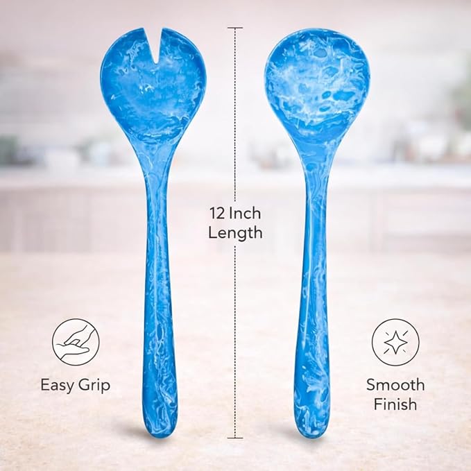 SS Craft Blue Marbled Resin Salad Server Set – Lightweight Serving Spoon & Fork - Image 6