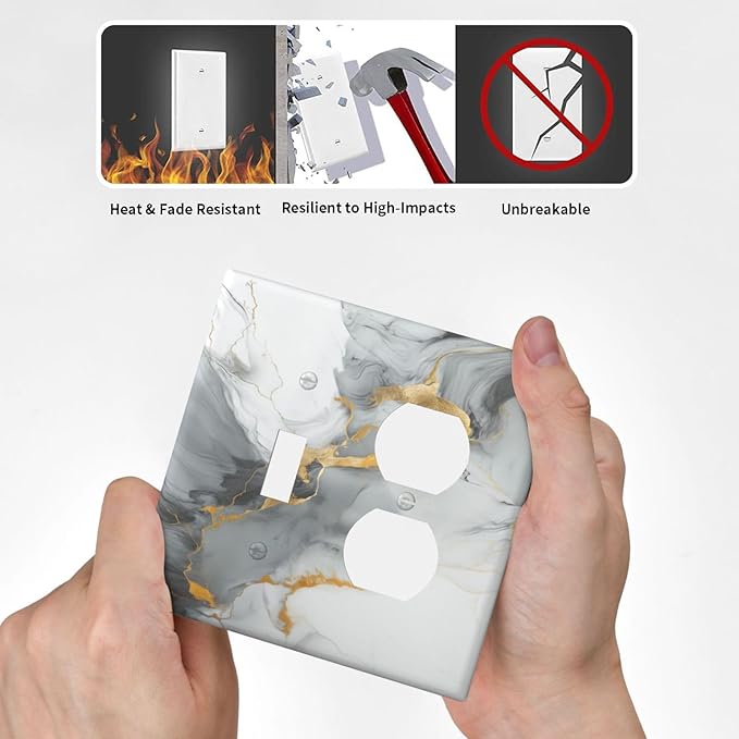 Light Switch Cover Plate Gray/Gold Marble Abstract Modern Luxury 2 Gang Decorative Switch Plates 1 Toggle Duplex Combo Outlet Covers GFCI Wall Plates for Bathroom Bedroom Decor