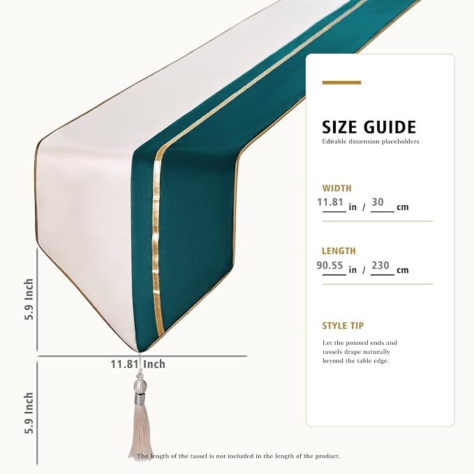 Avigers Table Runner 12 x 90 Inch, Emerald Green White, Tassels | Faux Silk - Image 2