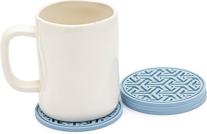 Drink Coasters for Tabletop Protection - Set of 4 No-Slip Silicone Rubber Coasters for Coffee Table, Desk & More - USA-Made Coasters for Drinks w/Liquid-Catching Grooves (Dusk Blue)