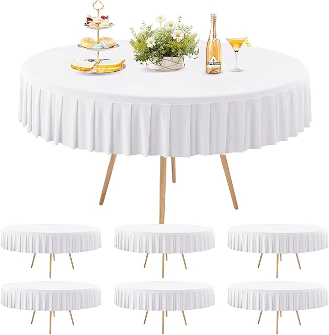 6 Pack White Spandex Round Tablecloths for 72in Table, Stretchy Fitted 6FT Round Table Cloths, Wrinkle Free Table Cover with Skirt for Wedding Birthday Party Bridal Shower Banquet